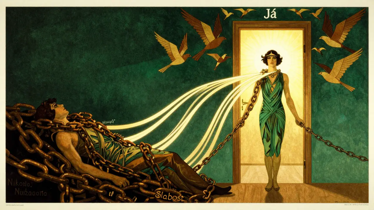 Dva obrazy: jeden člověk pod těžkými řetězy, druhý volně stojí pod světelnými proužky.