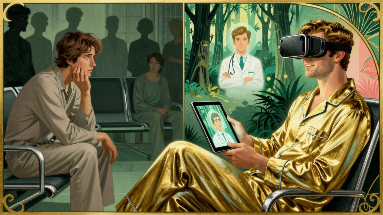 Dva scény: strach před čekárnou a klid při online terapii s virtuální realitou.