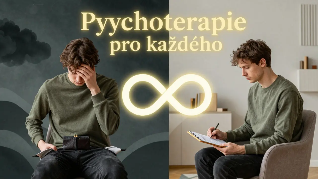 Dvě části obrázku: stresovaný klient vs. klidný klient v terapii s plánem splátek.