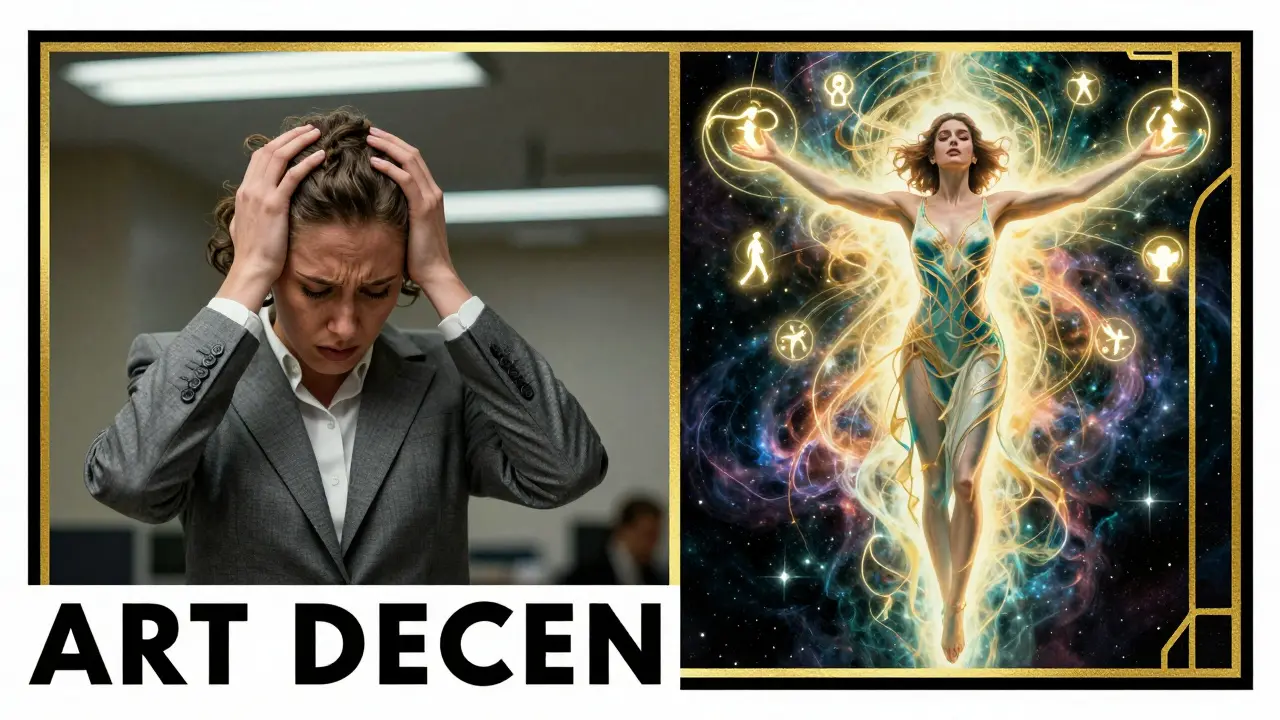 Dvě části obrazu: stresovaná žena a ta samá žena spojená s hvězdami a symboly přeměny.