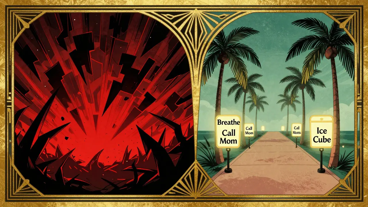 Dvě části scény: chaos vs. klid – cesta k bezpečí vyznačená geometrickými značkami.