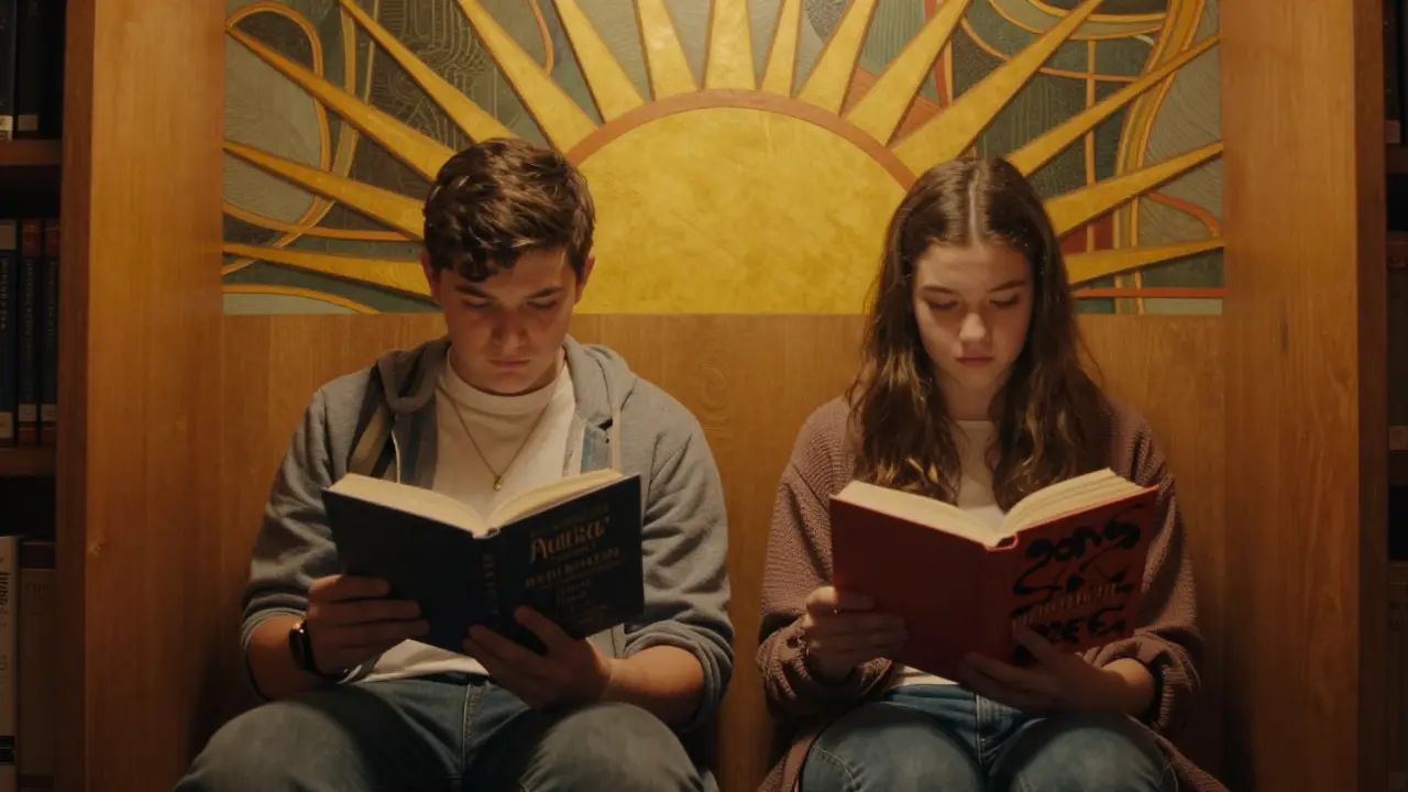 Dvě děti čtou v klidné knihovně, světlo je teplé a prostor klidný.