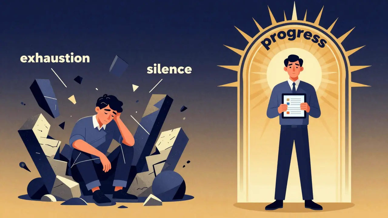 Dvě strany: jedna strana s černými křehkými tvary, druhá s jasným obloukem pokroku – přechod z únavy k naději.