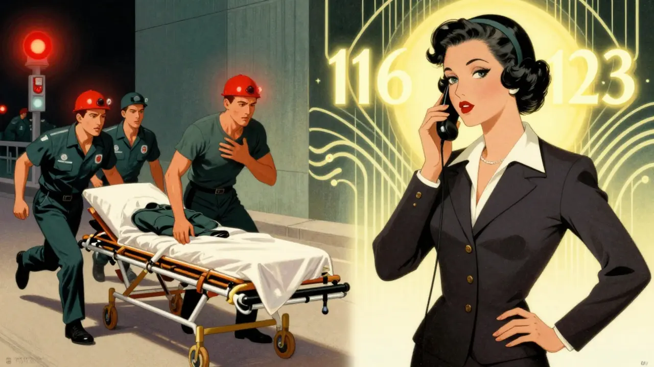 Dvojitý scénář: záchranná služba 155 vlevo, krizová linka 116 123 vpravo v stylu Art Deco.