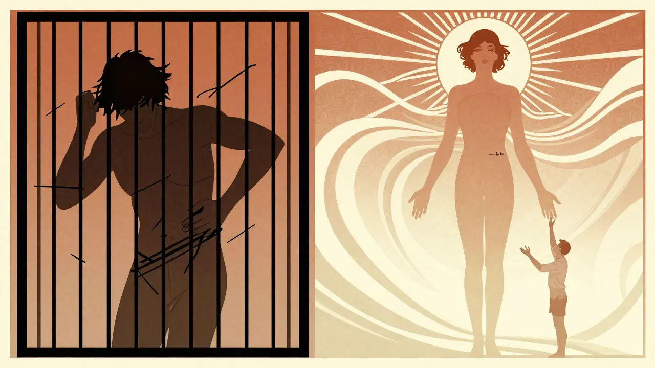 Dvoučelný obrázek: postava ve stresu vs. postava uvolněná pod vedením terapeuta.