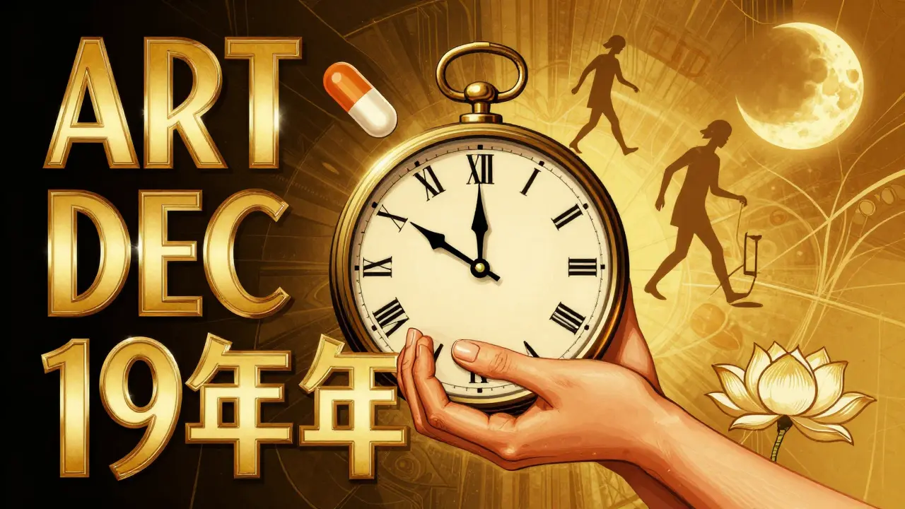 Hodiny s ručičkami tvaru rukou, obklopené symboly léčby: pilulka, chodící postava, měsíc a květ, znázorňující udržovací terapii.