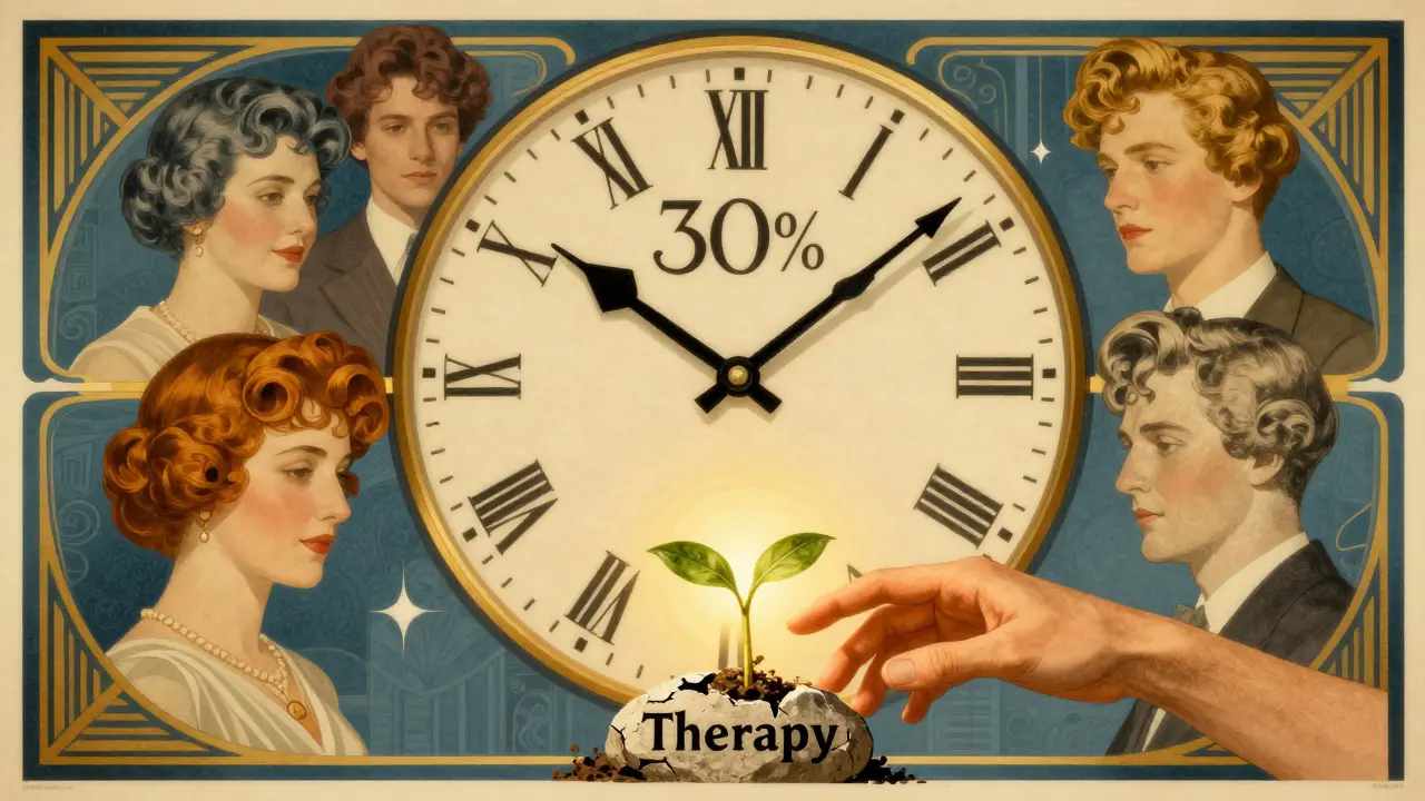 Hodiny s ručičkami ve tvaru rukou ukazují 30 %, kolem nich fragmenty obrazů a malá klíčenka roste z kamene.