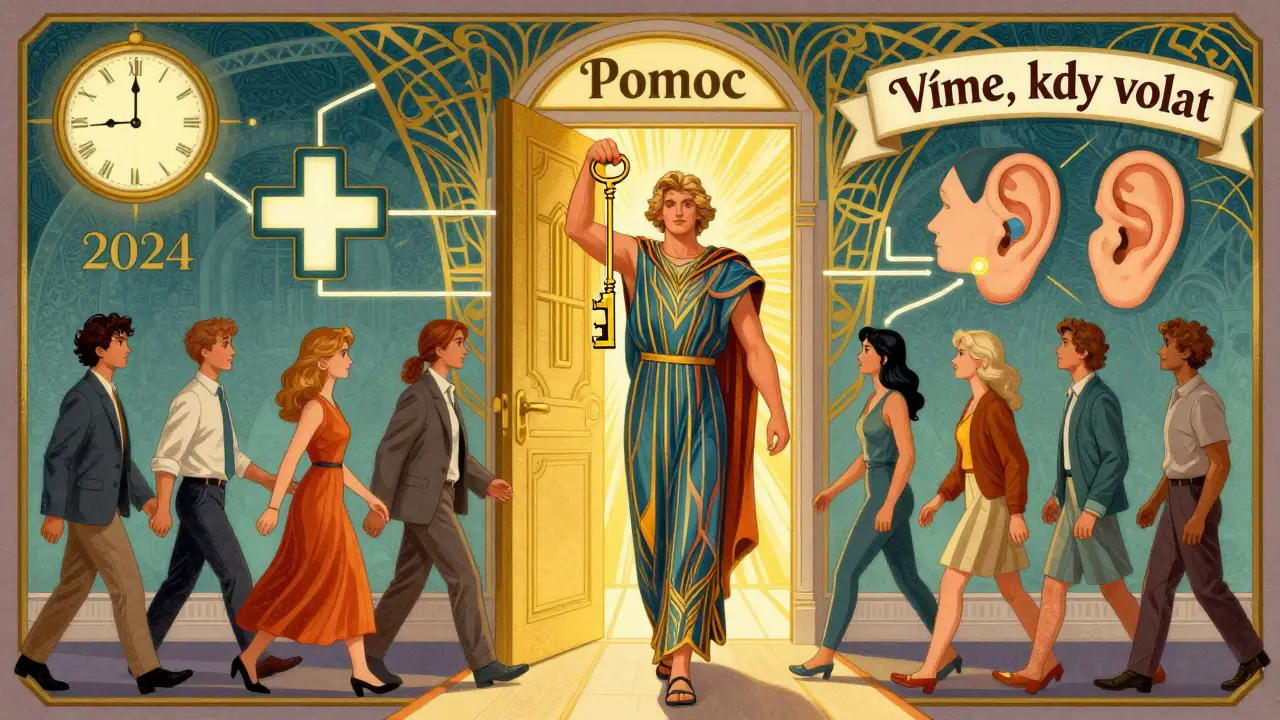 Hrdina otevírá dveře s číslem 112, cesty vedou k lékaři a poslouchajícímu uchu, rok 2024 v pozadí.