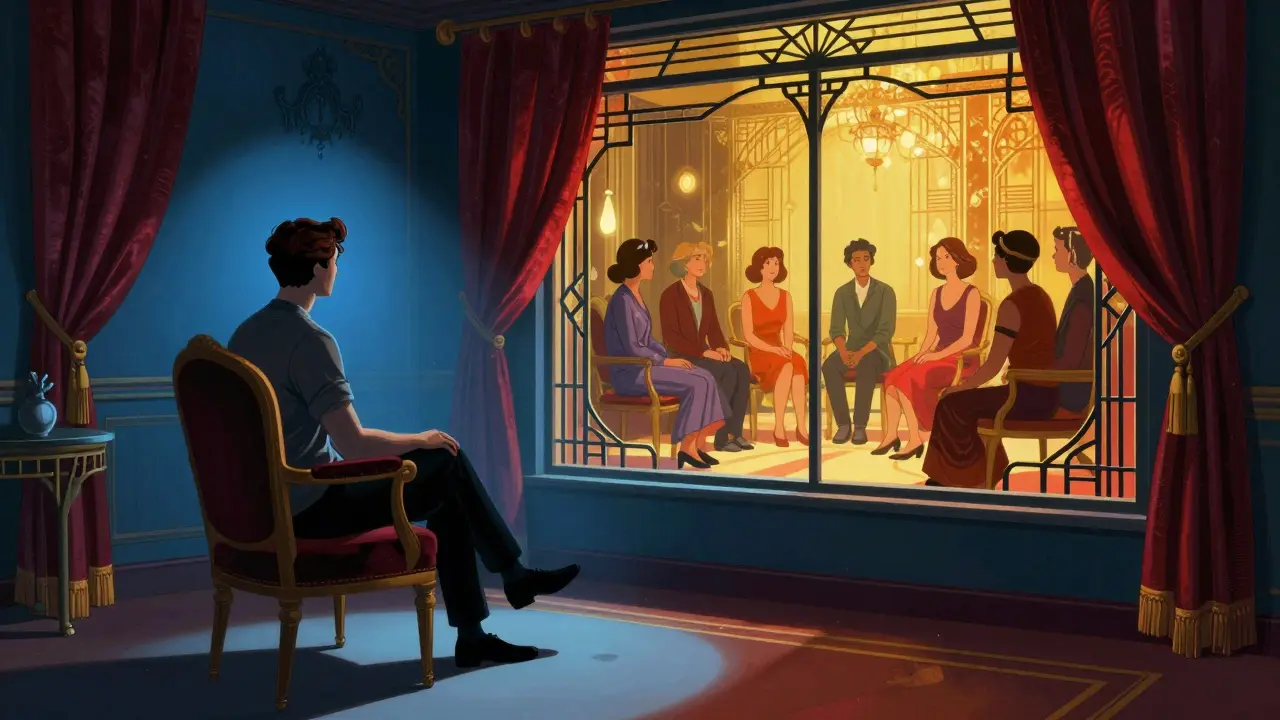 Jedna osoba je samotná v temné místnosti, zatímco skupina se světelně září za oknem.