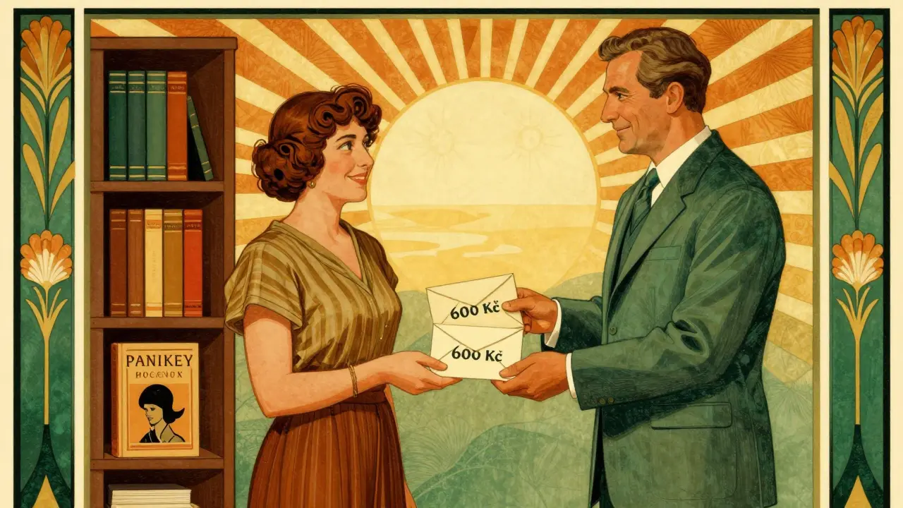 Klient podává terapeutovi dvě obálky s platbami za terapii, styl Art Deco.