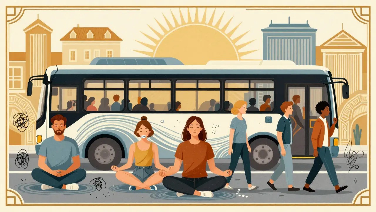 Lidé cvičí mindfulness v běžných situacích, chaotické myšlenky mizí v klidných geometrických vzorech.