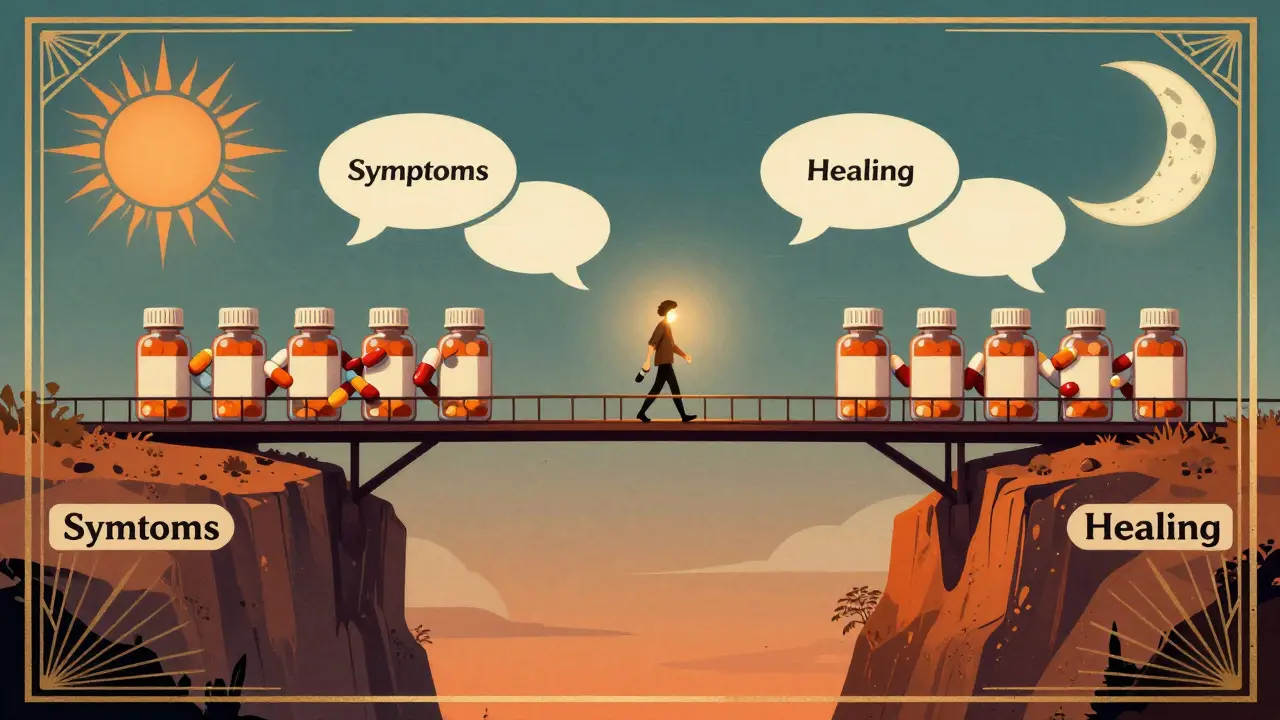 Most spojující léky a terapii, přes který jde člověk s lucernou, symbolizující přechod k uzdravení.