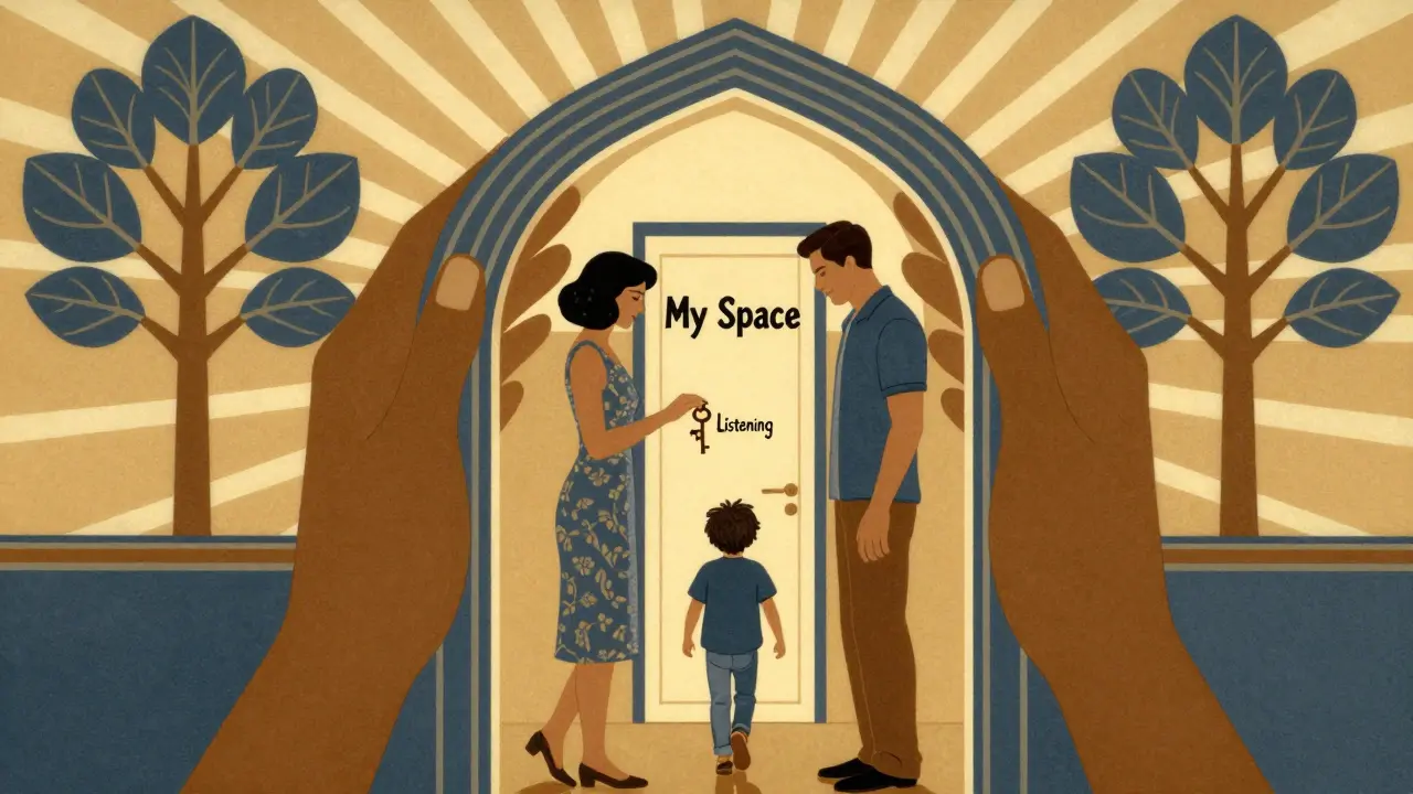 Rodiče drží klíč 'Poslechnout', dítě vstupuje do svého prostoru, styl Art Deco.