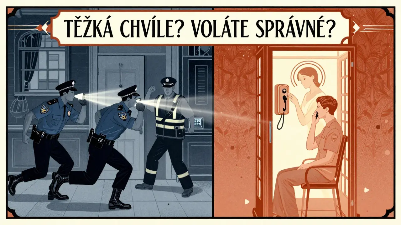 Rozdělená scéna: nouzové síly vs. klidná psychologická pomoc v Art Deco stylu.