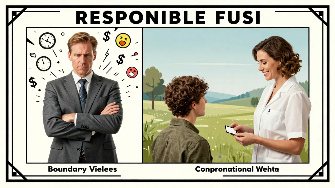 Rozdělená scéna: terapeut odmítá porušovatele hranic vlevo, vpravo přesměruje klienta s klidem.