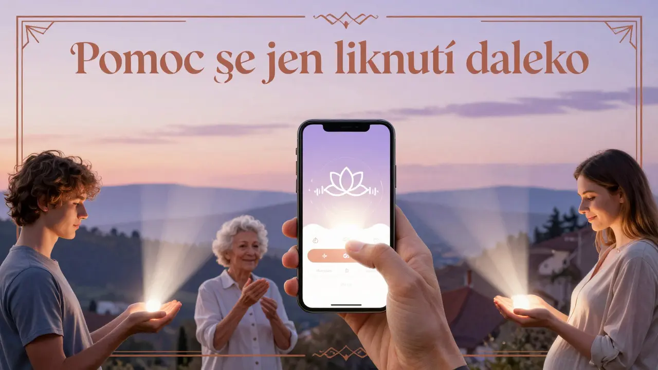 Různé ruce drží telefon, z něj vychází světlo terapie, symbolizující přístupnost duševní pomoci.