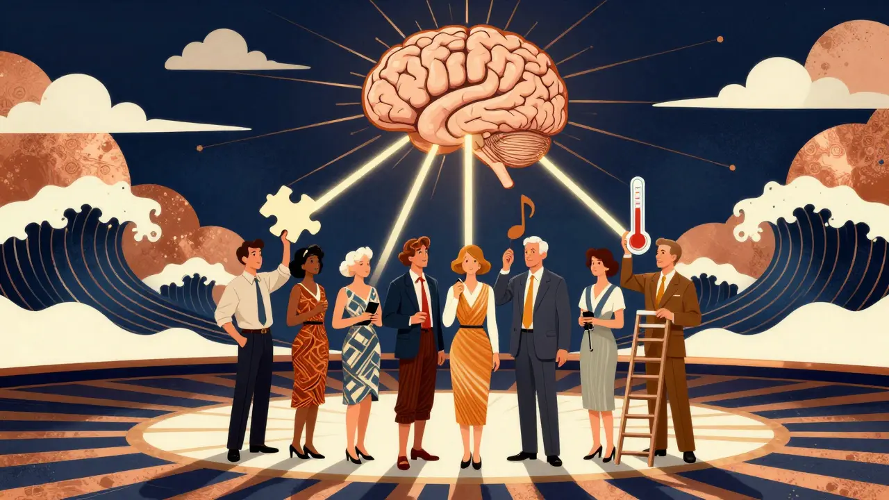 Různé věkové skupiny drží symboly, které jsou propojeny se světícím mozkem v ozdobném prostoru.