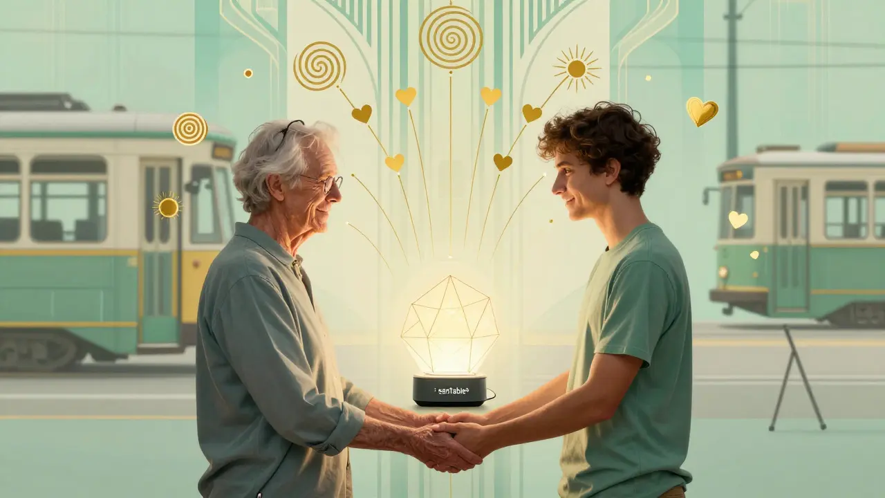 Senior a dobrovolník společně používají technologické zařízení s symboly spojení.