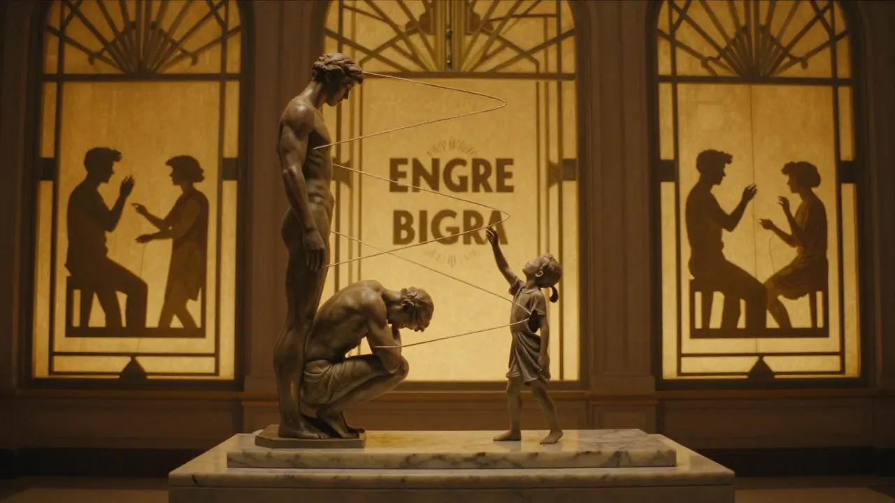 Socha rodiny spojená spirálou, symbolizující opakující se vzorce mezi generacemi.