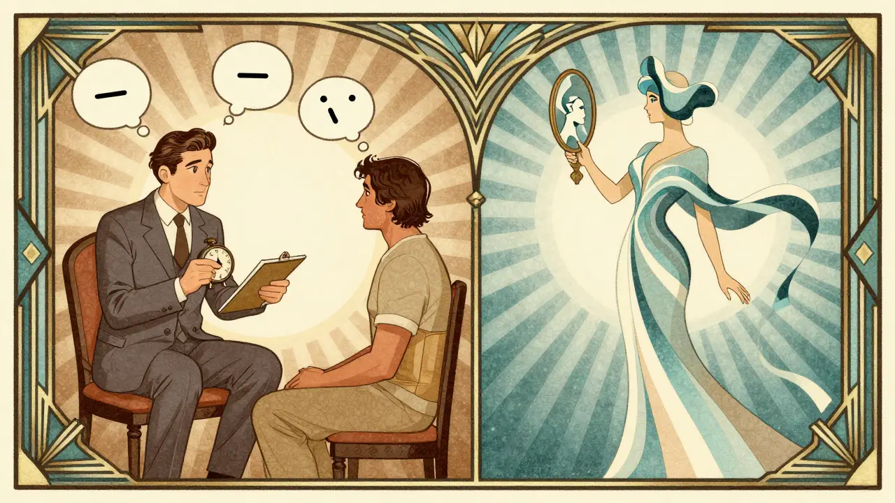 Split-panel Art Deco scene comparing KBT and Gestalt therapy with symbolic tools and mirrors.