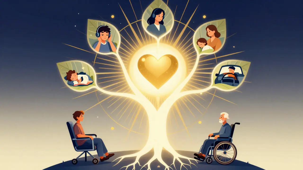 Stylized tree with video call branches connecting diverse clients to a central heart of emotional safety.