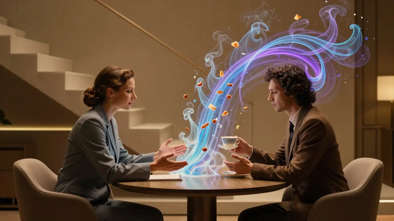 Terapeut a klient sedí u stolu, emocionální vlny se mění v kousky jídla, které mizí.