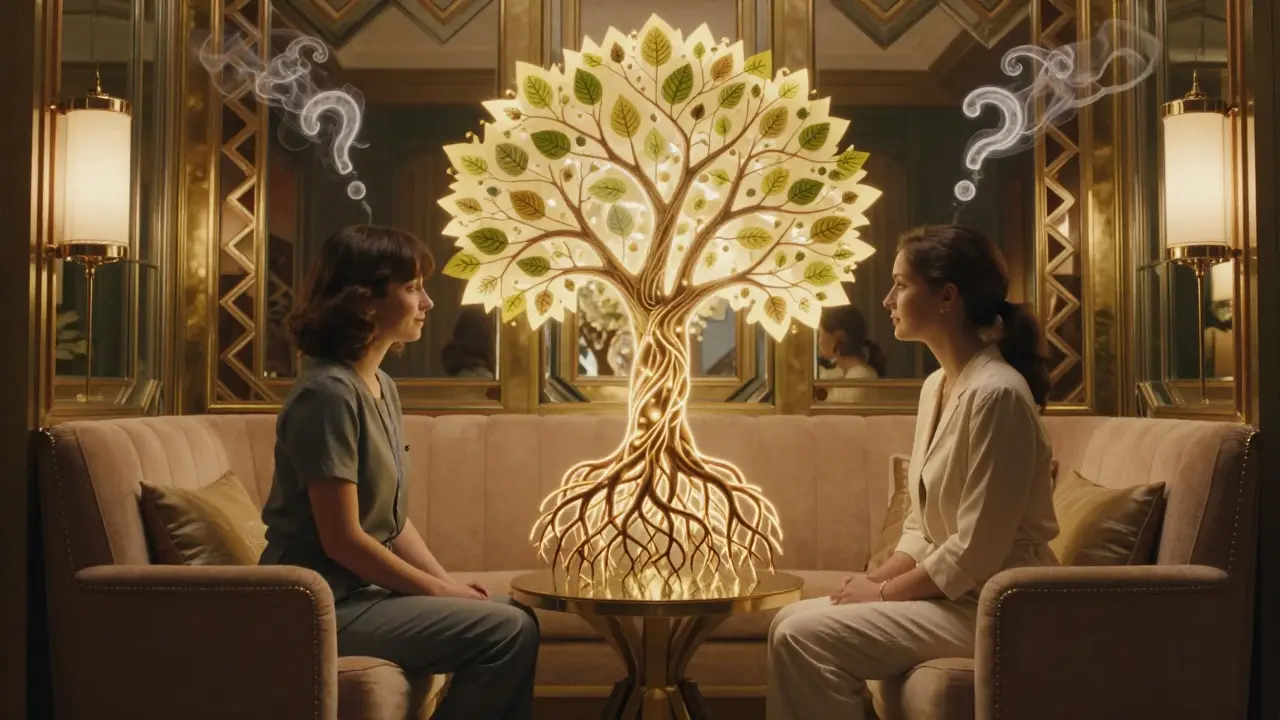 Terapeut a klient sedí v luxusním prostředí, mezi nimi roste zářivý strom s kořeny v minulosti.
