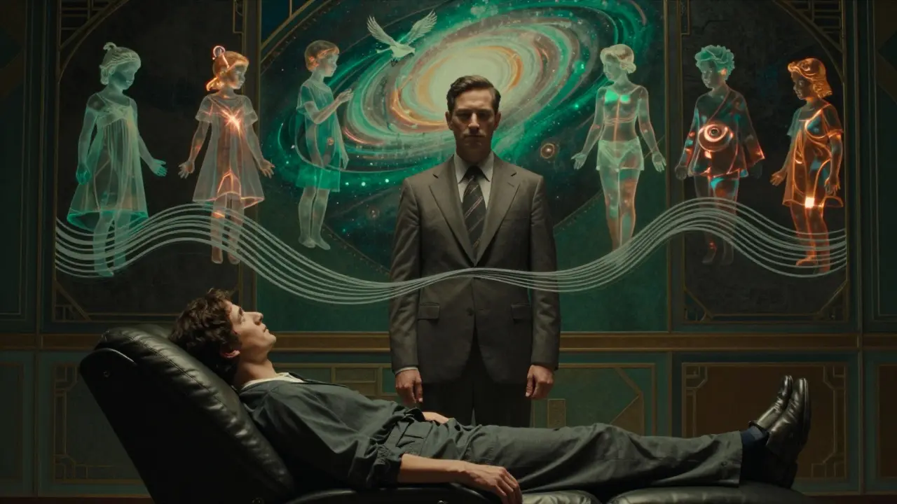 Terapeut a klient v klidném prostředí, kolem nich se objevují duchovní obrazy z minulosti a vesmíru.