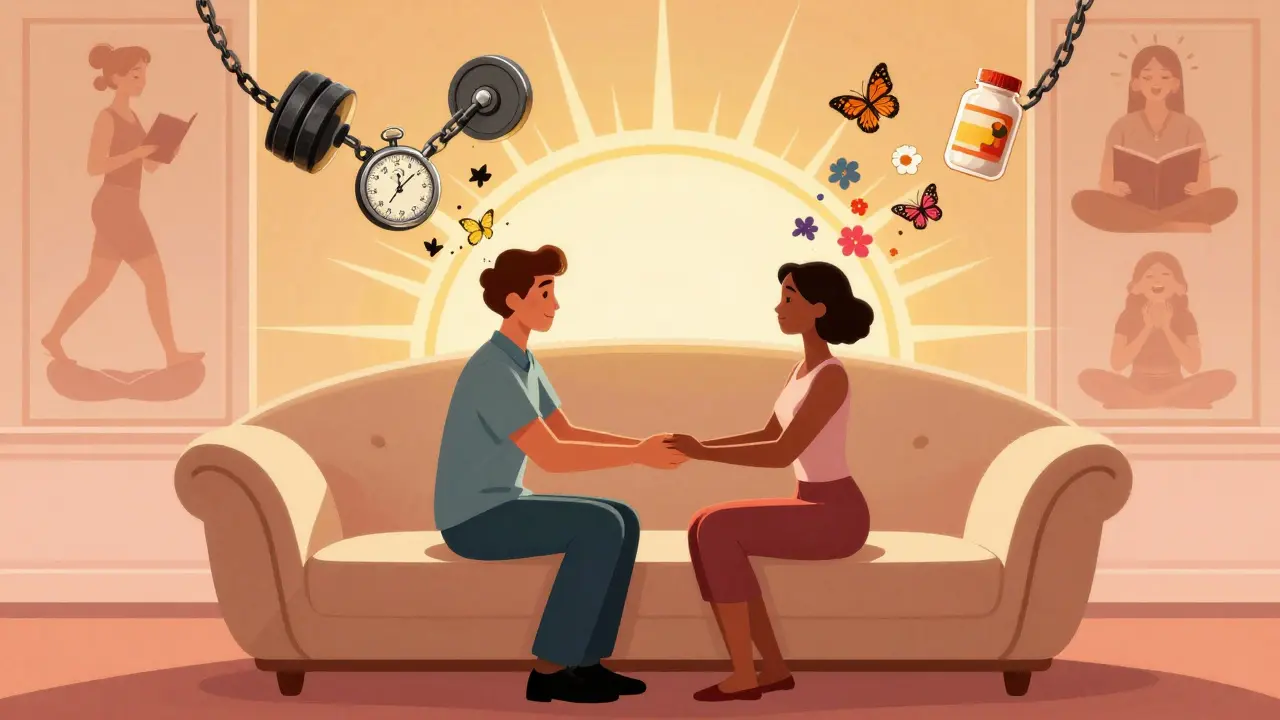 Terapeut a pacient spolu sedí, zatímco návyky přeměňují v klid a životní radost.