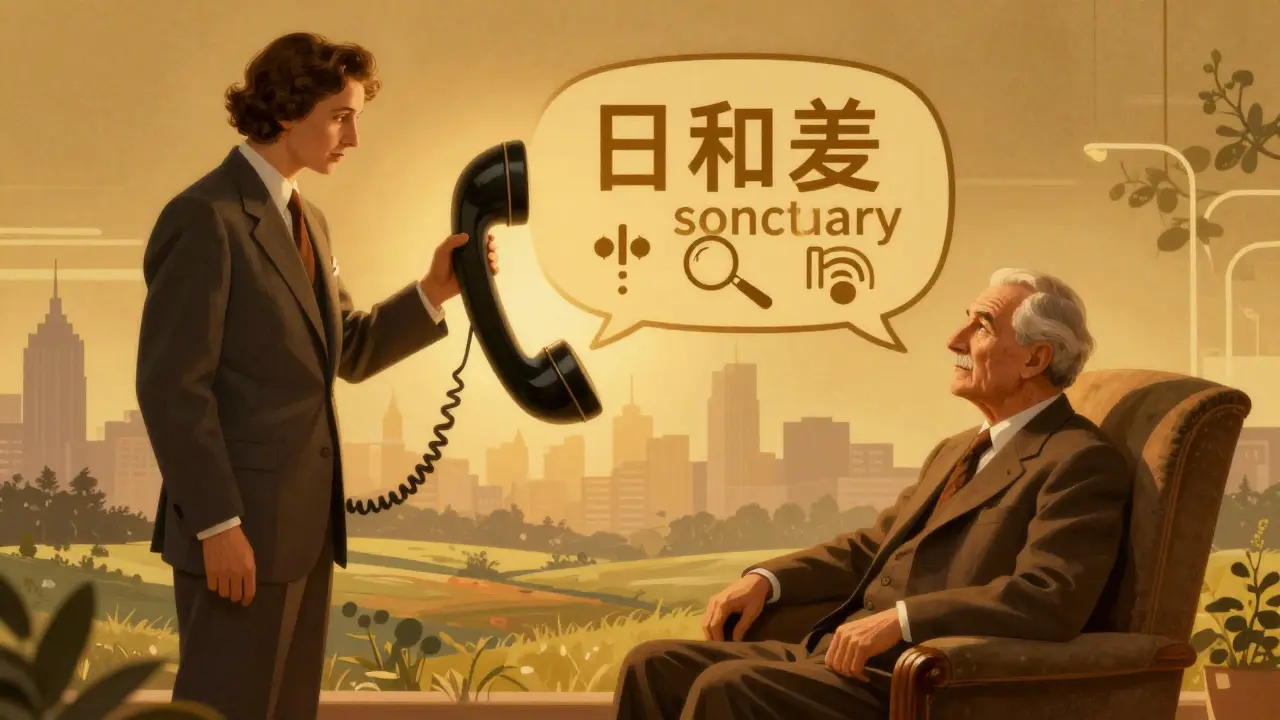 Terapeut a senior spolu komunikují přes stylizovaný hovorový bublín v Art Deco stylu.