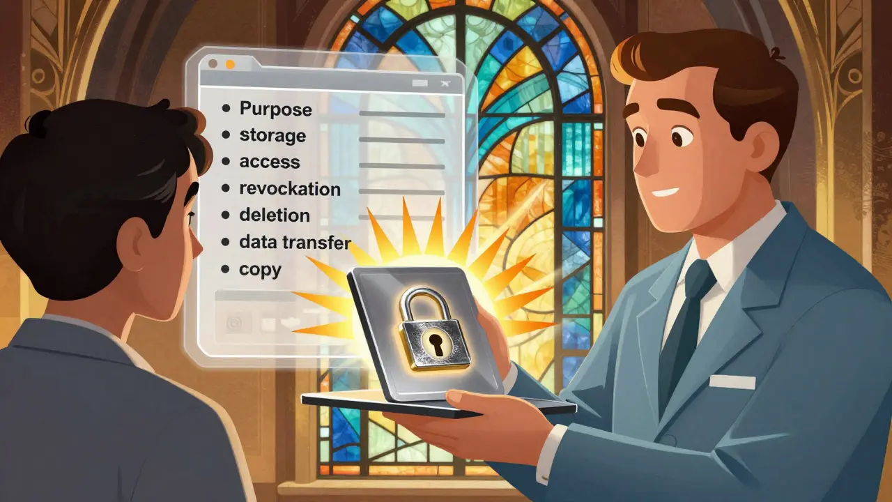 Terapeut předává klientovi tablet s šifrovaným záznamem a sedmi klíčovými body ochrany dat.