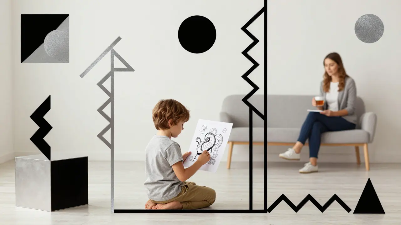 Terapeut s dítětem v místnosti s geometrickými tvary, rodič v pozadí čeká.