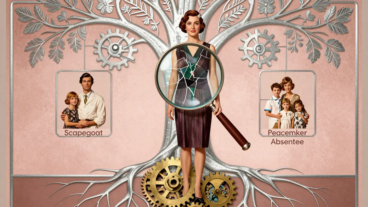 Terapeut s loupacím sklem ukazuje skryté mechanismy rodinných rolí v genogramu.