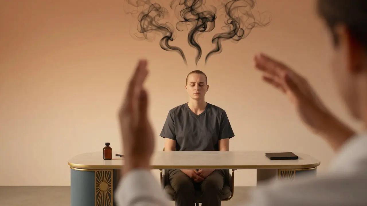 Terapeut sedí klidně, zatímco nad klientem plavou abstraktní tvary strachu a ticha.