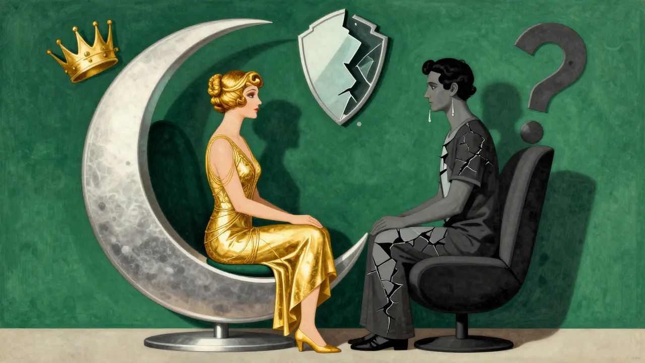 Terapeut sedí vedle klienta, jehož tělo je rozděleno mezi zlatou iluzí a temnou ranou.