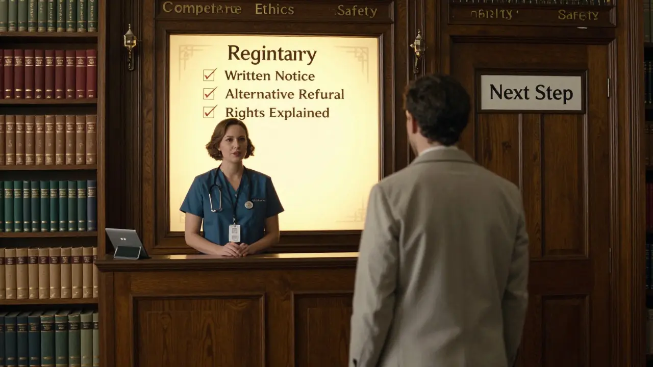 Terapeut stojí před knihovnou etiky, za ním viditelný registr kvalifikací a povinností.