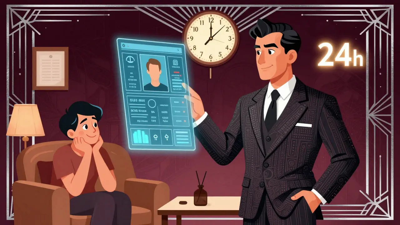 Terapeut ukazuje na digitální panel s daty, klient v domácím prostředí klidně vyslouchá, v pozadí Art Deco motivy.