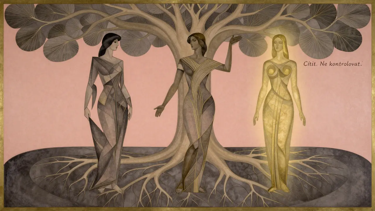 Tři postavy symbolizují přechod od napětí k klidu, obklopeny abstraktními kořeny a světlem uzdravení.