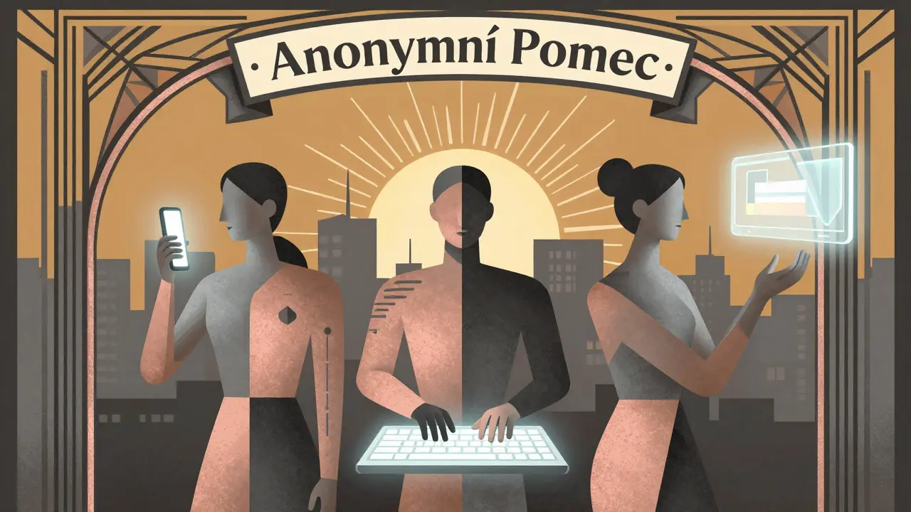 Tři symboly anonymní pomoci pod archem s ranním sluncem, znázorňující výběr bez identity.