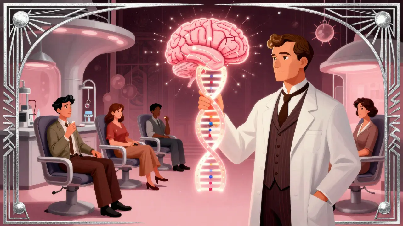 Vědec drží DNA, která se mění v mozek, zatímco lidé za ním prožívají terapii a užívají léky.