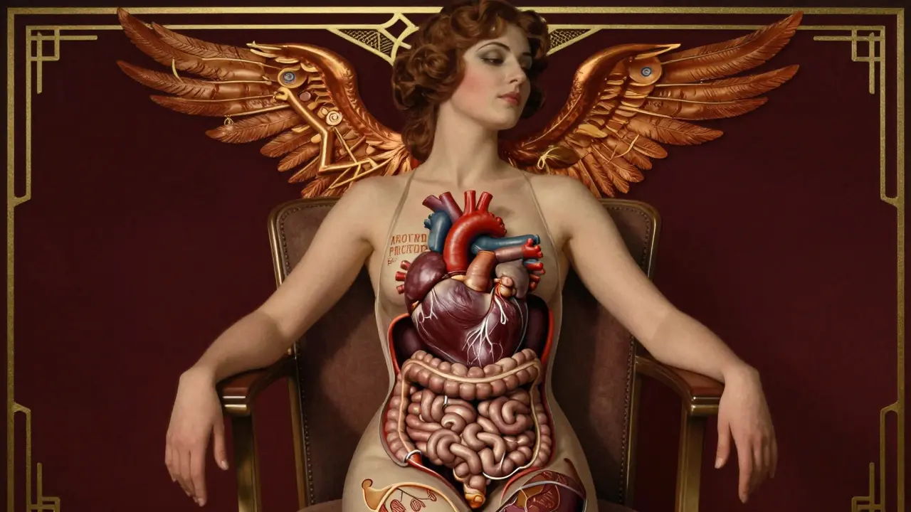 Žena s rozděleným tělem ukazujícím vnitřní reakce na trauma a vznikající klid.