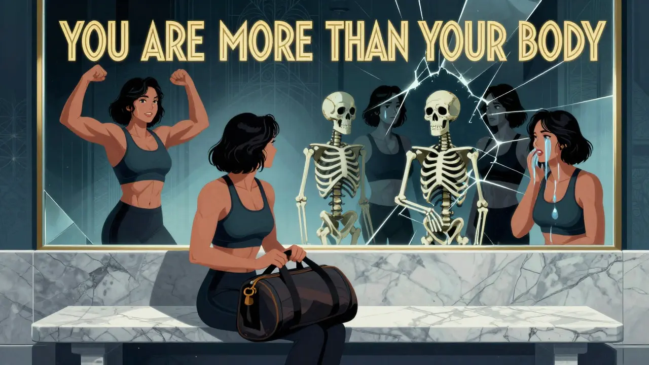 Žena v odrazu zrcadla vidí různé verze sebe samotné — zdravou, ničenou a smutnou.