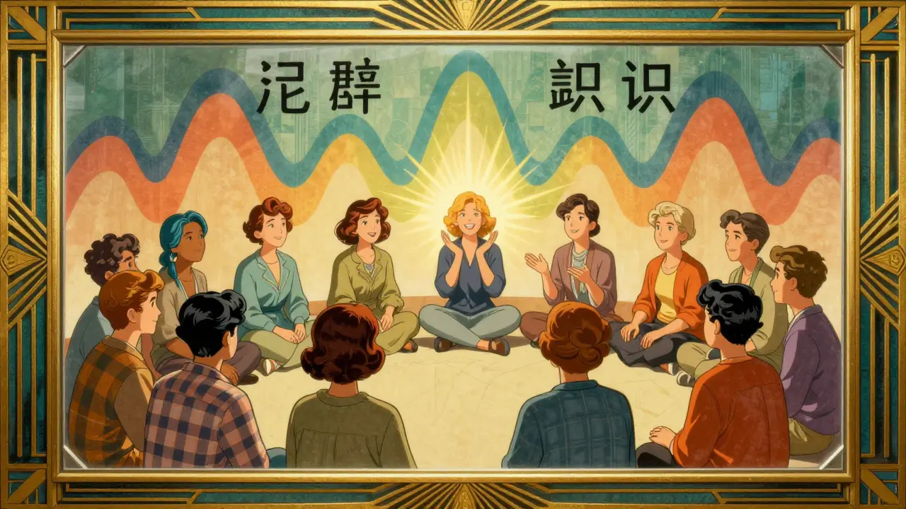 Zrcadlo odrazí šťastné verze lidí z terapeutické skupiny, zatímco ti skuteční jsou stále opatrní.