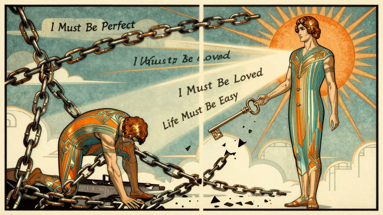 A person breaking free from ornate chains of irrational beliefs, replaced by a glowing key of rational thinking.