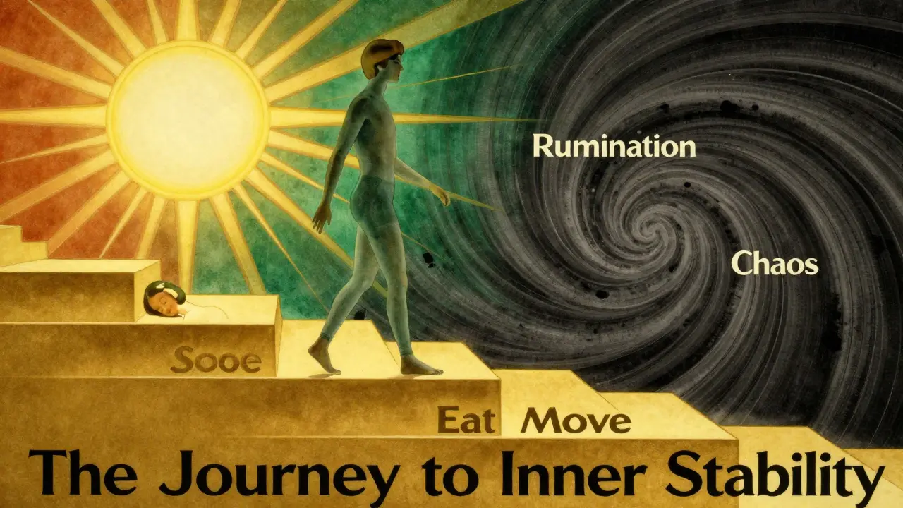 Člověk kráčí po zlatých krocích, zatímco temné víry se za ním zmenšují.