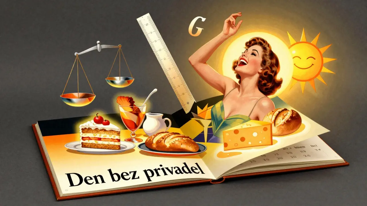 Den bez pravidel: žena se směje u stolu s jídlem, které září, kolem ní se rozpadají váhy a pravítka.