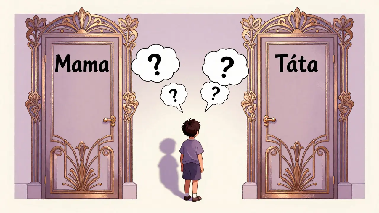 Dítě stojí mezi dveřmi rodičů, jeho stín je celý, nad ním jen otazníky a slzy.