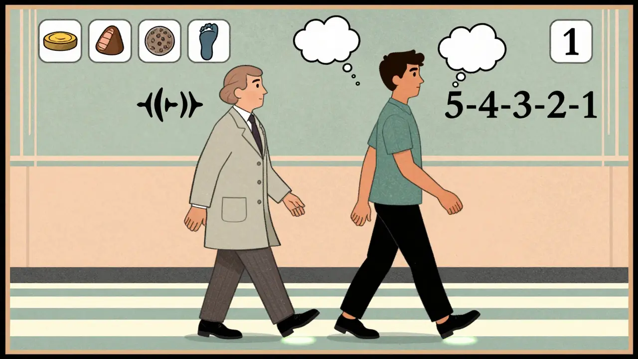 Dospělý a terapeut jdou po chodbě, kolem nich jsou vizuální znaky techniky 5-4-3-2-1.