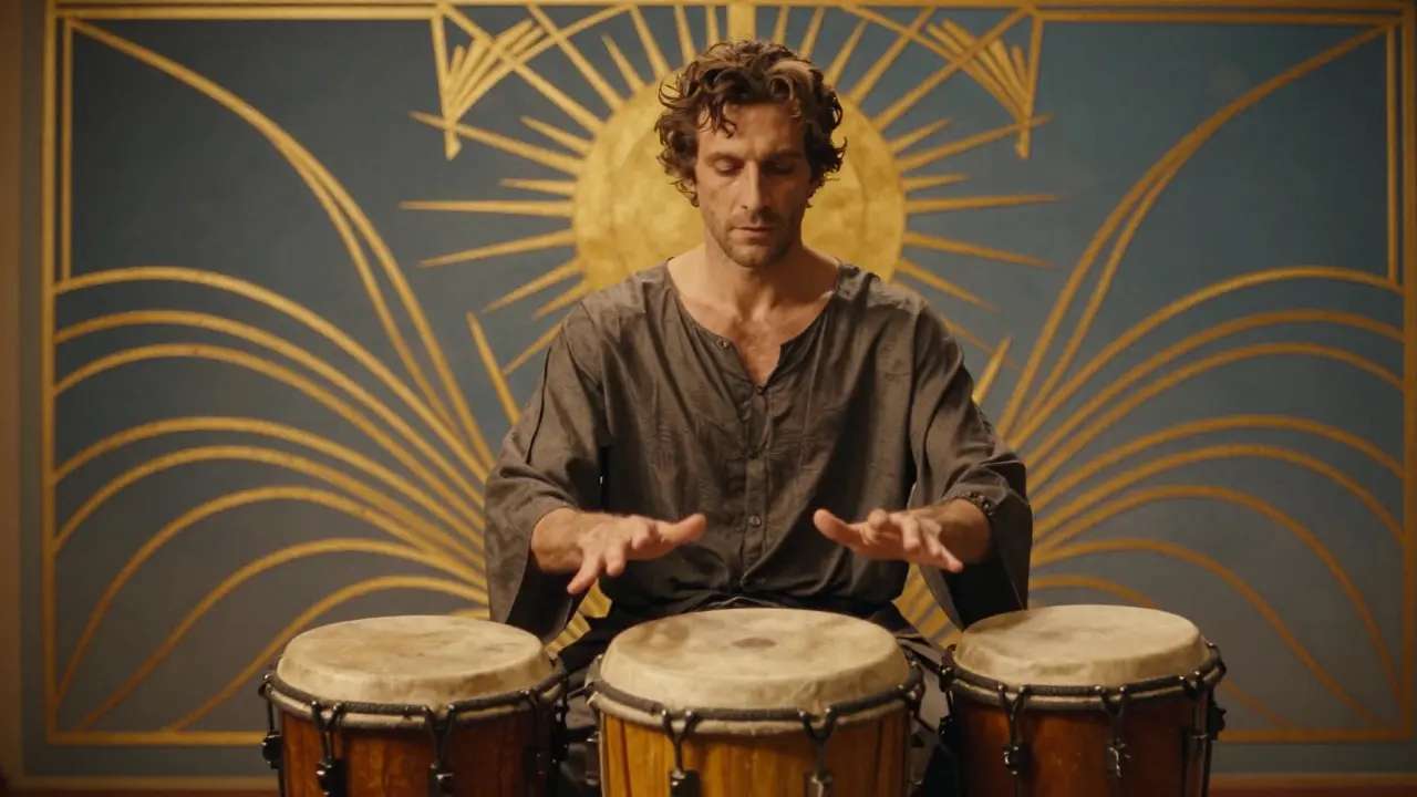 Dospělý muž hraje na dva bubny, zvukové vlny se šíří kolem něj.