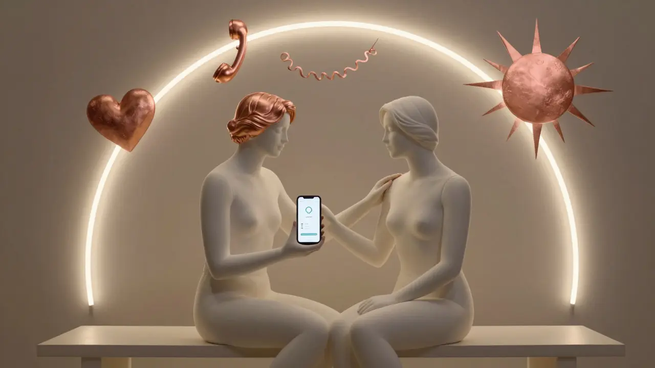 Dva lidé sedí vedle sebe pod jemným světlem, jeden drží telefon, druhý podává ruku.